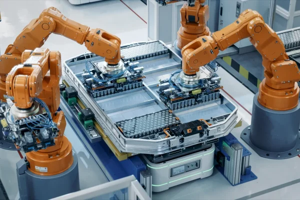 stock photo orange industrial robot arms assemble skateboard style ev battery pack on automated production line 2374437795